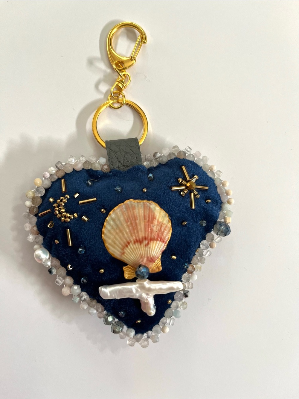 Blue velvet Heart Seashell and freshwater pearls charm or ornament